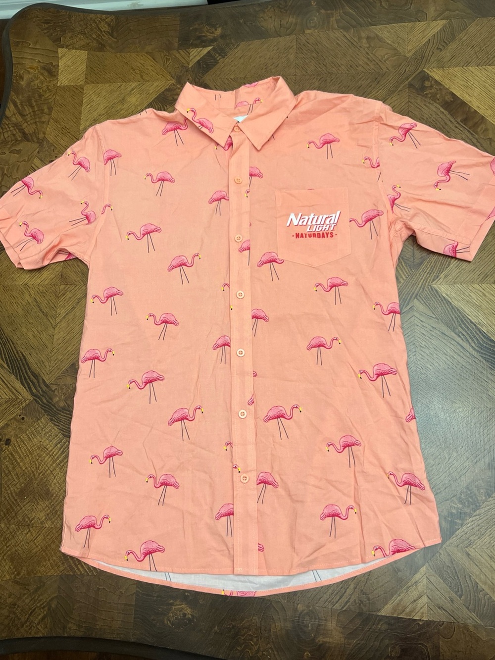 Tipsy Elves Famingo Peach Short Sleeve Button Men’s SZ L Natural Light Naturdays